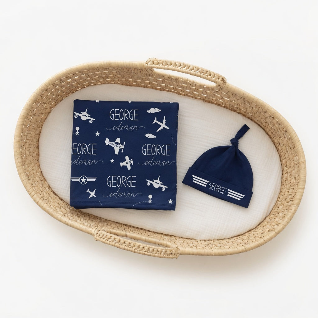 Personalized Airplane Swaddle & Knotted Hat Set