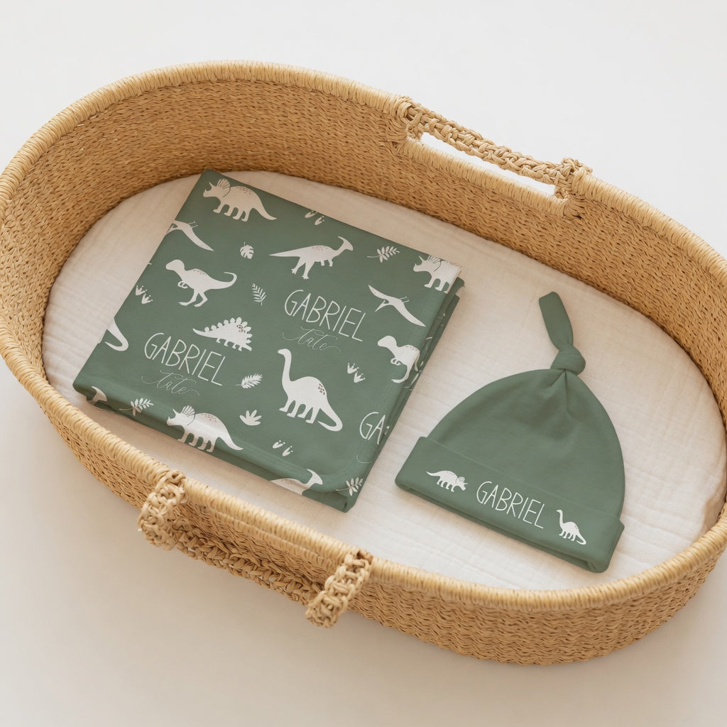 Personalized Dinosaur Swaddle & Knotted Hat Set