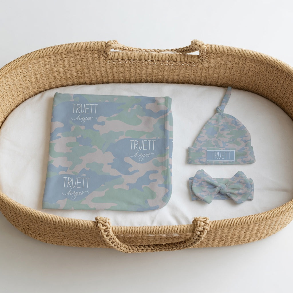 Personalized Blue Green Camo Swaddle & Hat Set