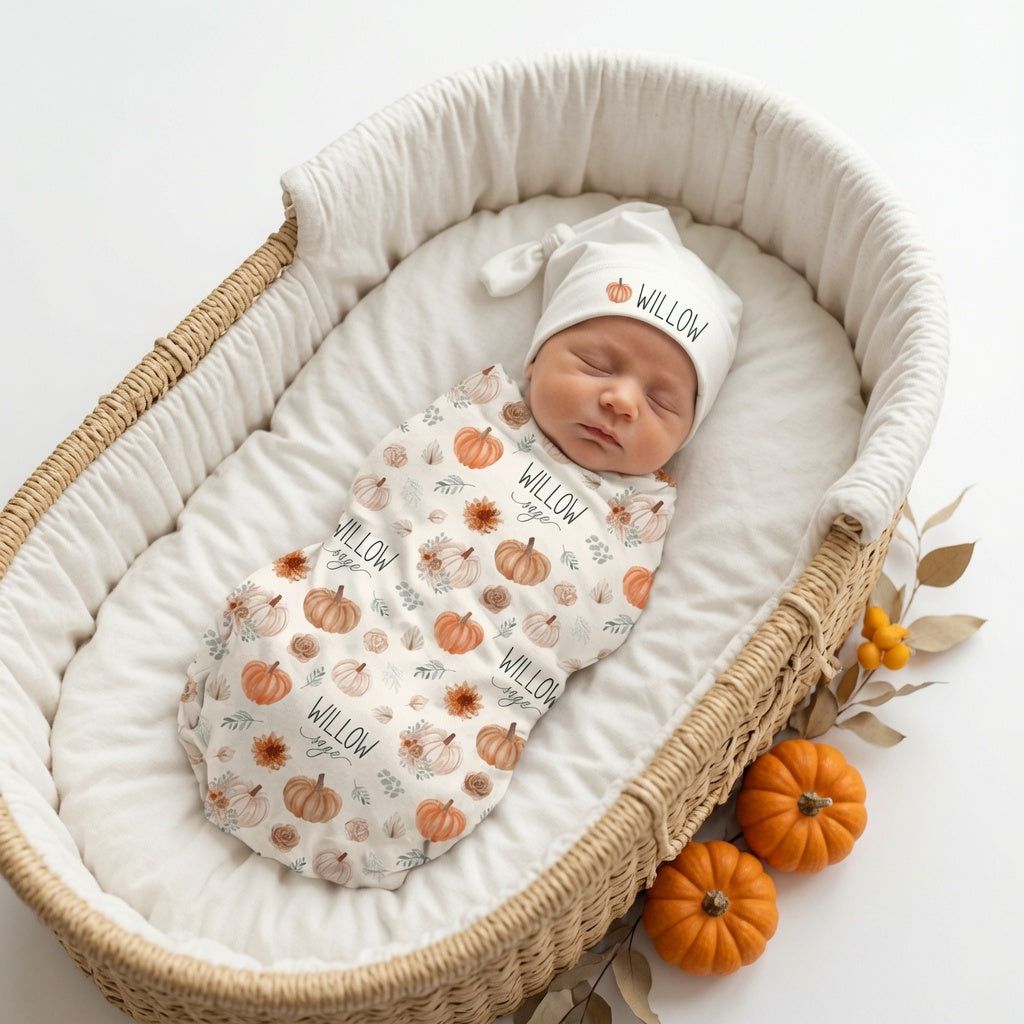 Newborn baby wrapped in a personalized fall pumpkin swaddle blanket with matching knotted hat, lying in a wicker Moses basket surrounded by mini pumpkins.