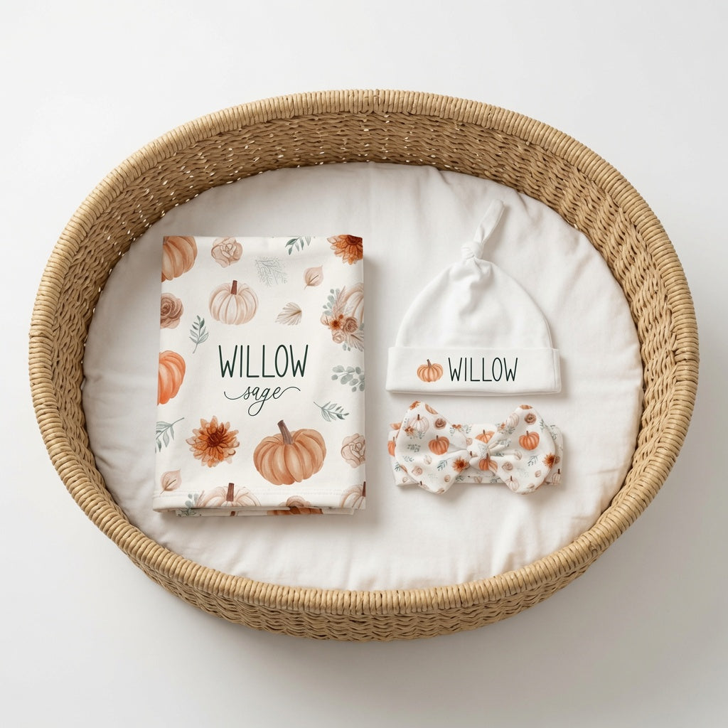 Personalized fall pumpkin baby matching set — custom name swaddle blanket, knotted hat, and bow headband with watercolor pumpkin and floral design, displayed in a wicker Moses basket.