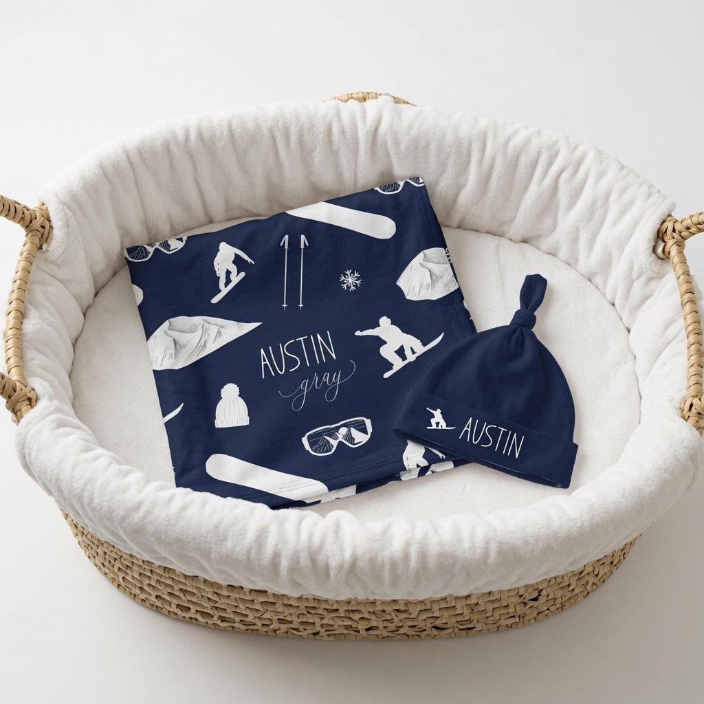Personalized Snowboard Baby Matching Set | Custom Name Swaddle & Knotted Hat | Snowboard Newborn Gift Set