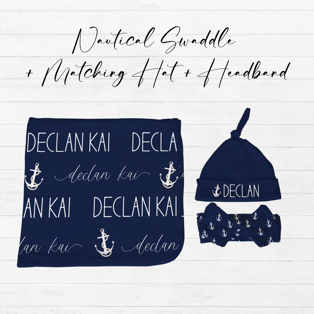 Personalized Nautical Swaddle & Hat or Headband Set