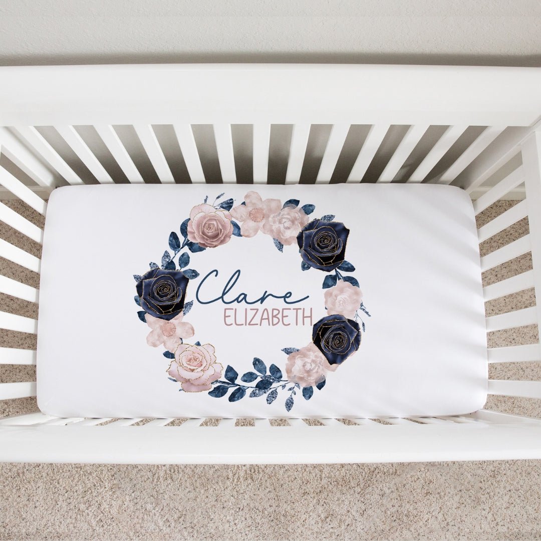 Navy Blush Floral Jersey Crib Sheet - Twinklette™