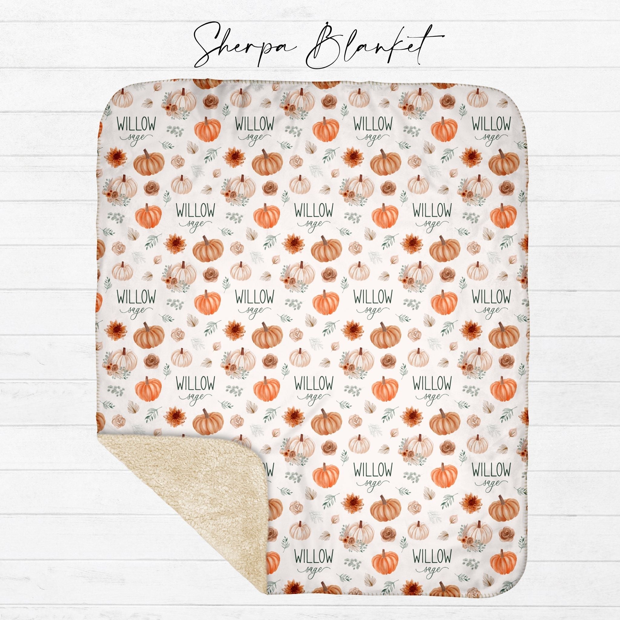 Personalized fall pumpkin sherpa blanket with ivory sherpa backing showing watercolor pumpkin and floral design with custom name from Twinklette