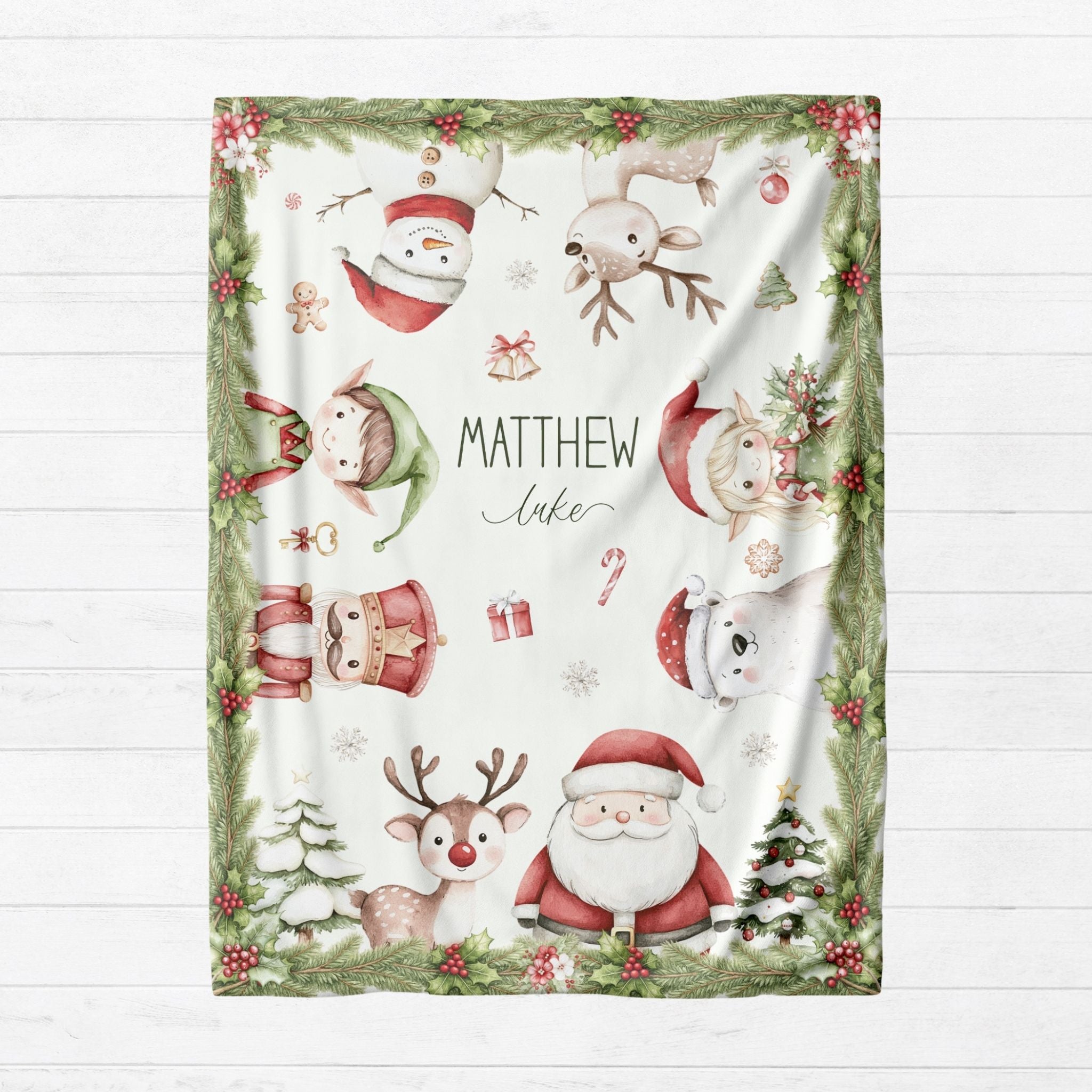 Personalized Peekaboo Christmas blanket with custom name, Santa, snowman, gingerbread, elf, reindeer, and polar bear design