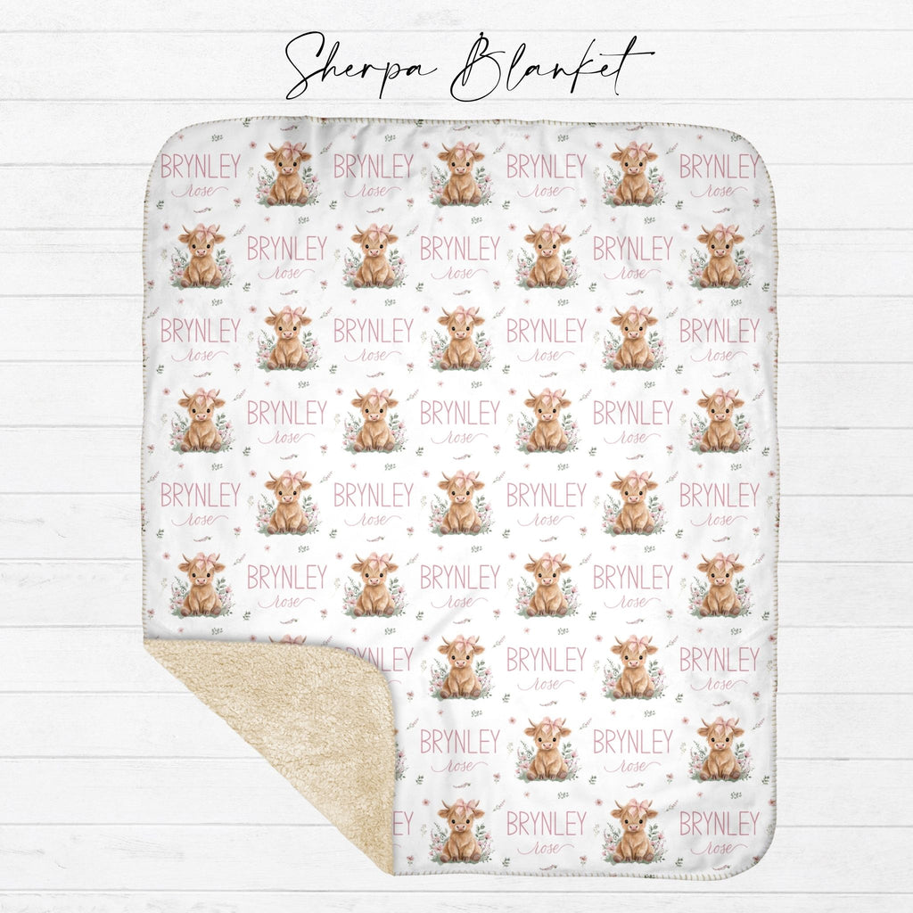 Personalized Pink Highland Cow Kids Blanket, sherpa blanket with name