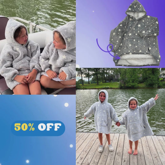 Stay warm in style with our Oversized Glow in the Dark Gray Sherpa Lined Star Hoodies for Kids Ages 4-12