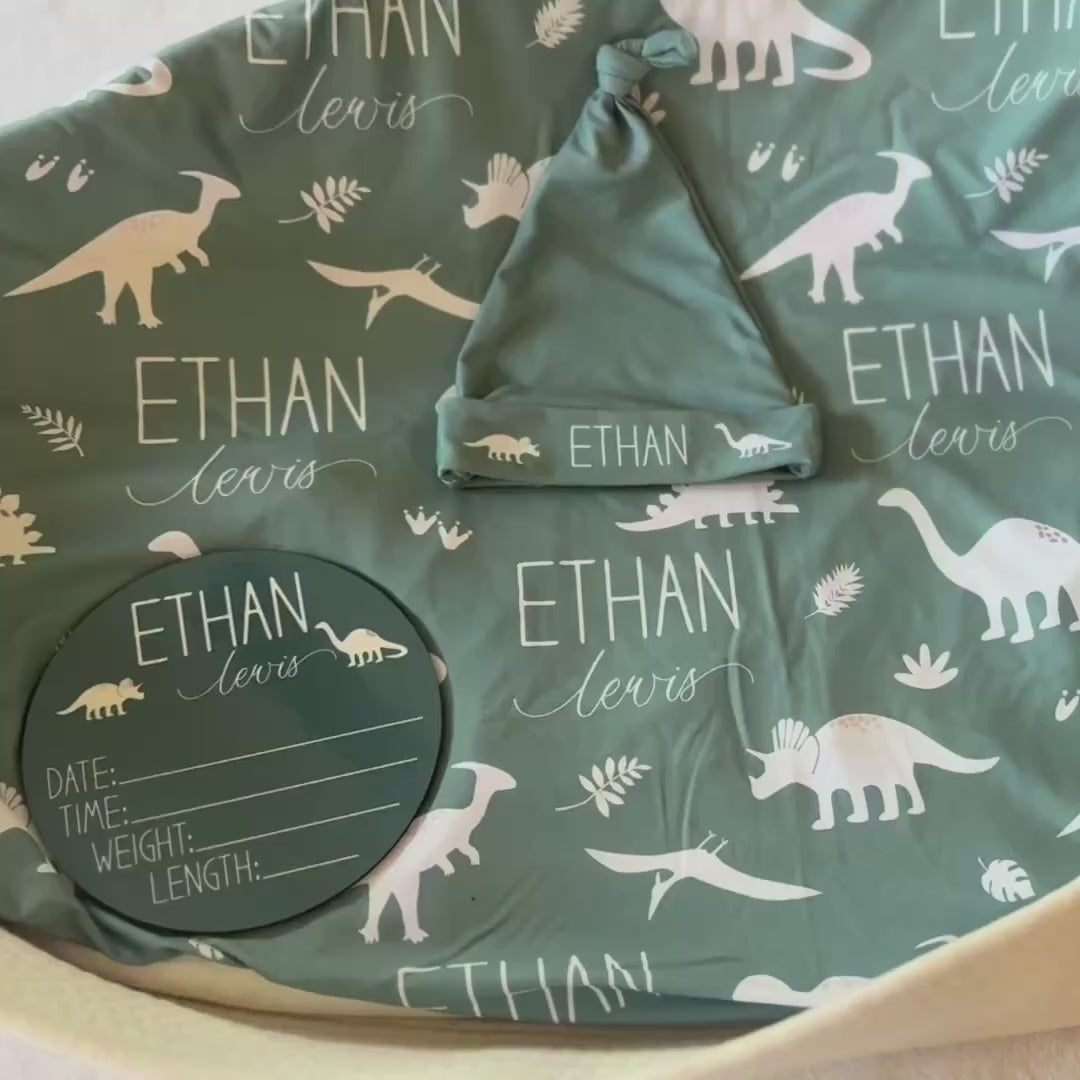 personalized dinosaur swaddle, knotted hat and birth stat sign set