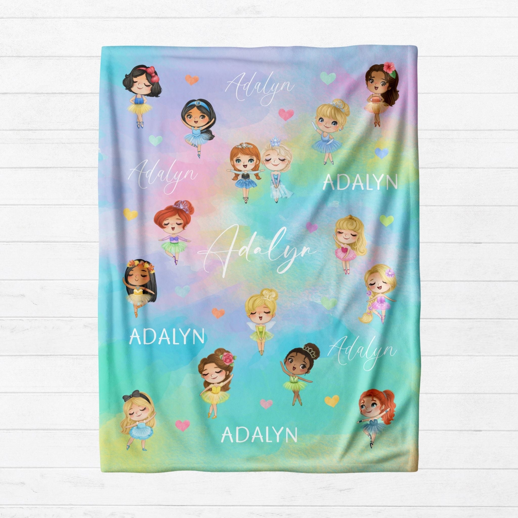 Personalized princess ballerina blanket with custom name, colorful rainbow watercolor design for kids