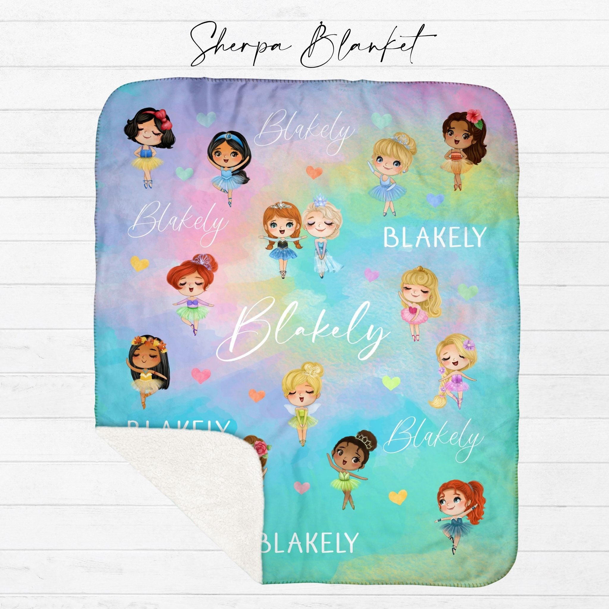Personalized princess ballerina blanket in plush sherpa fabric with soft backing, personalized with child's name