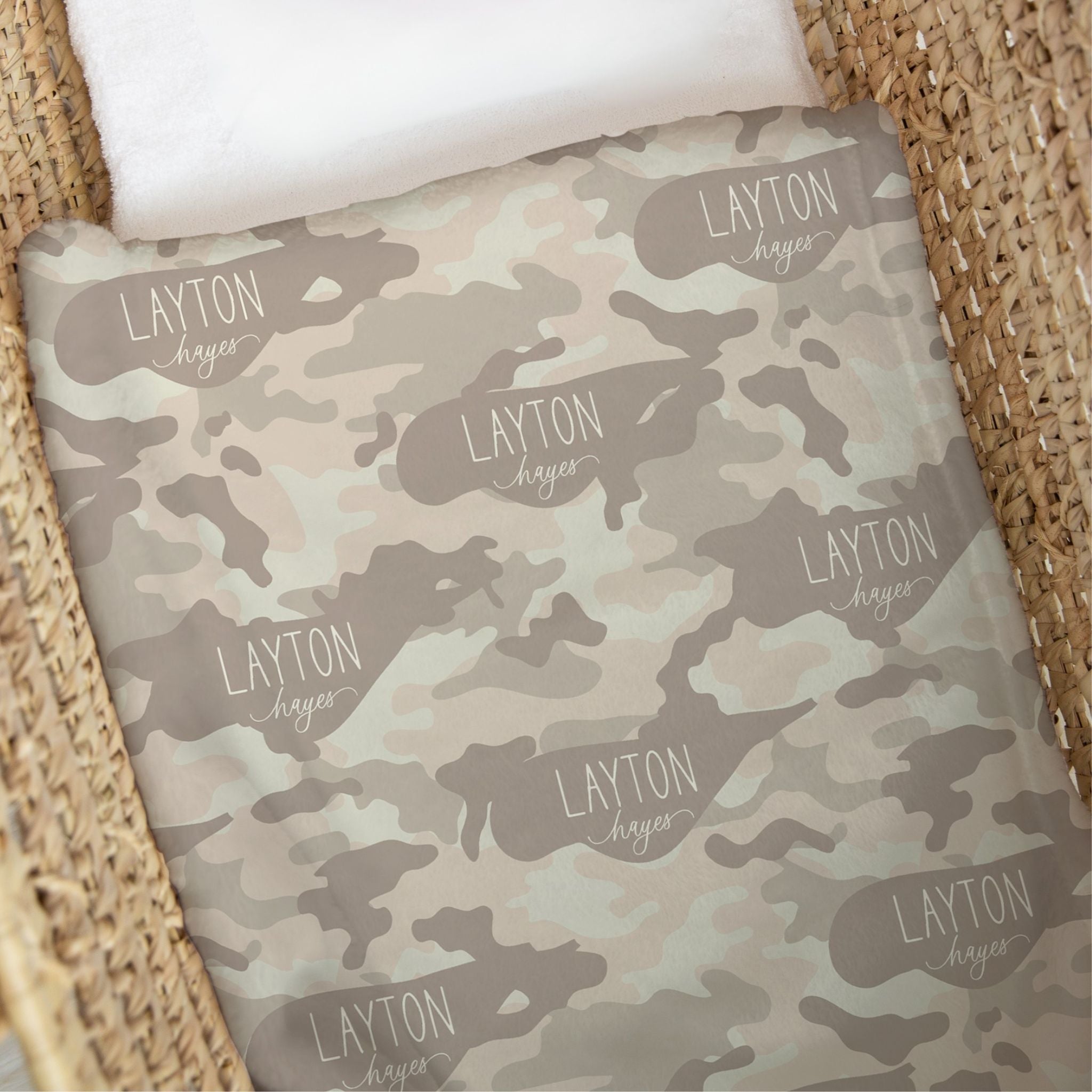 Personalized sand camo baby swaddle with custom name outdoor newborn gift