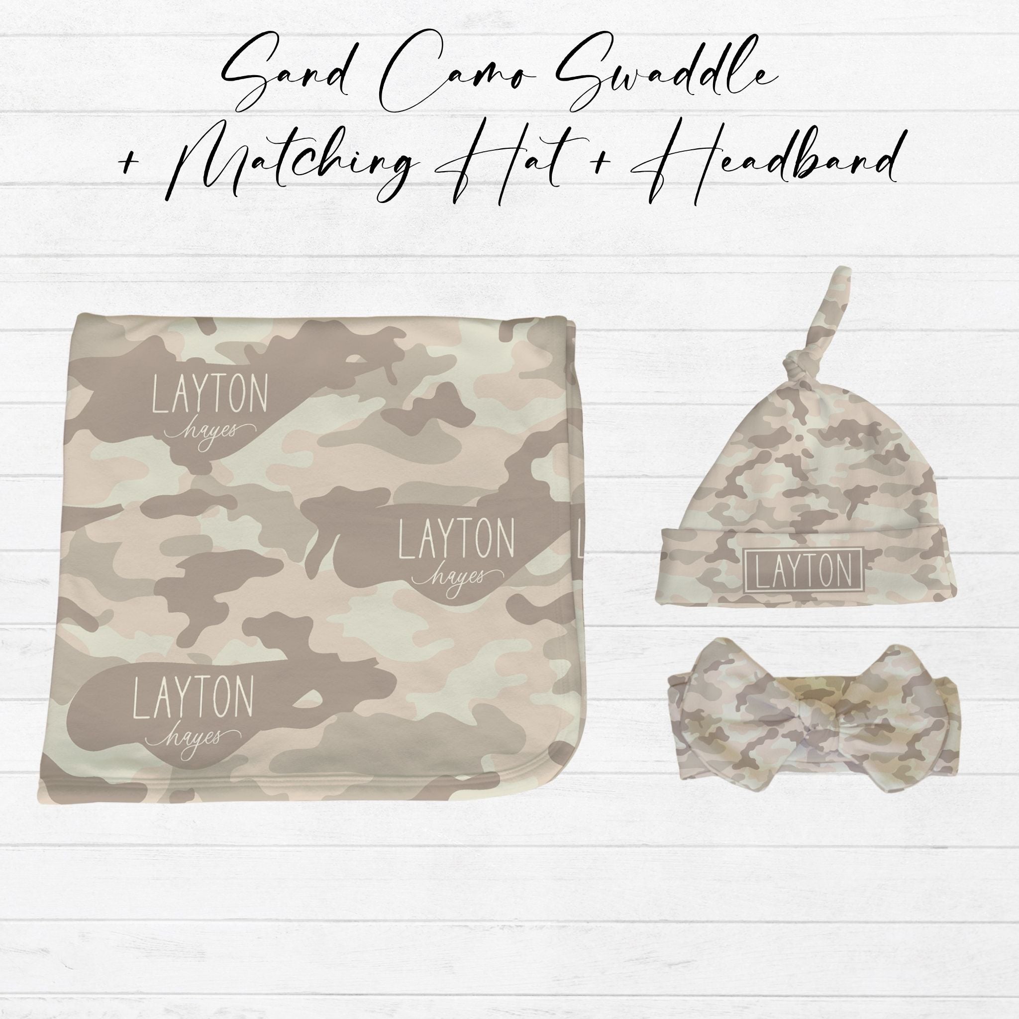 Personalized sand camo baby swaddle and matching knotted hat or headband set with custom name