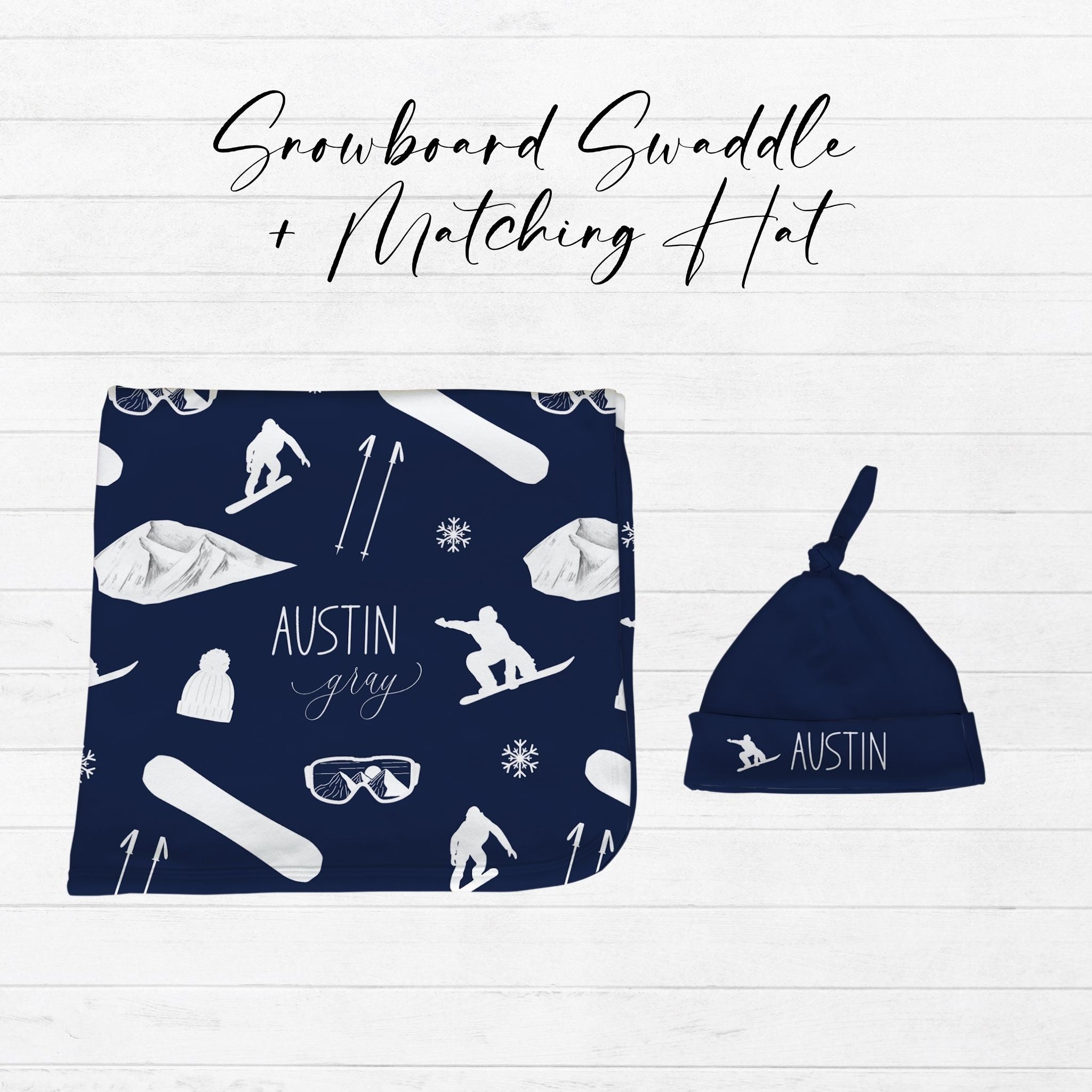 Personalized Snowboard Baby Matching Set | Custom Name Swaddle & Knotted Hat 