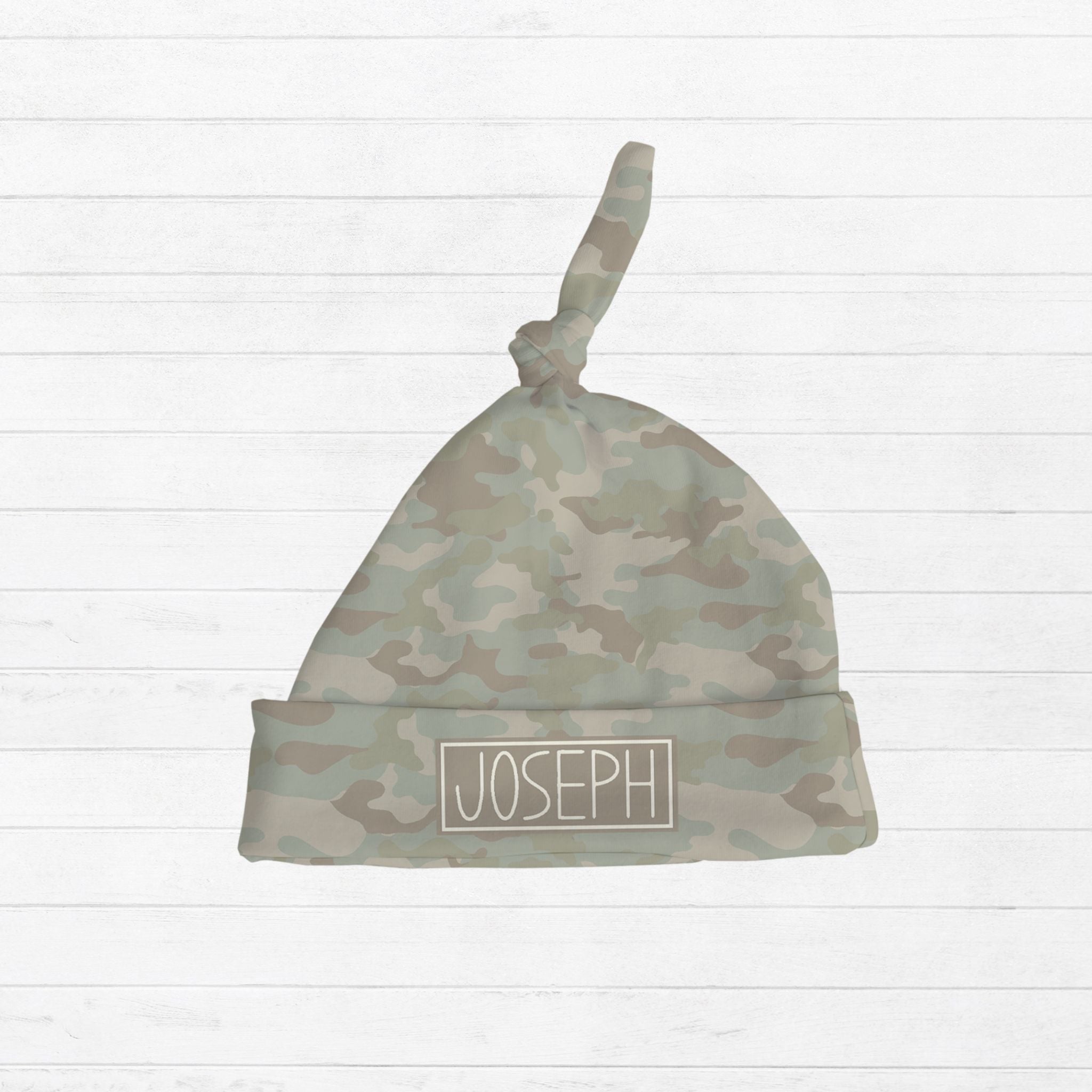 personalized soft camo knotted hat with name
