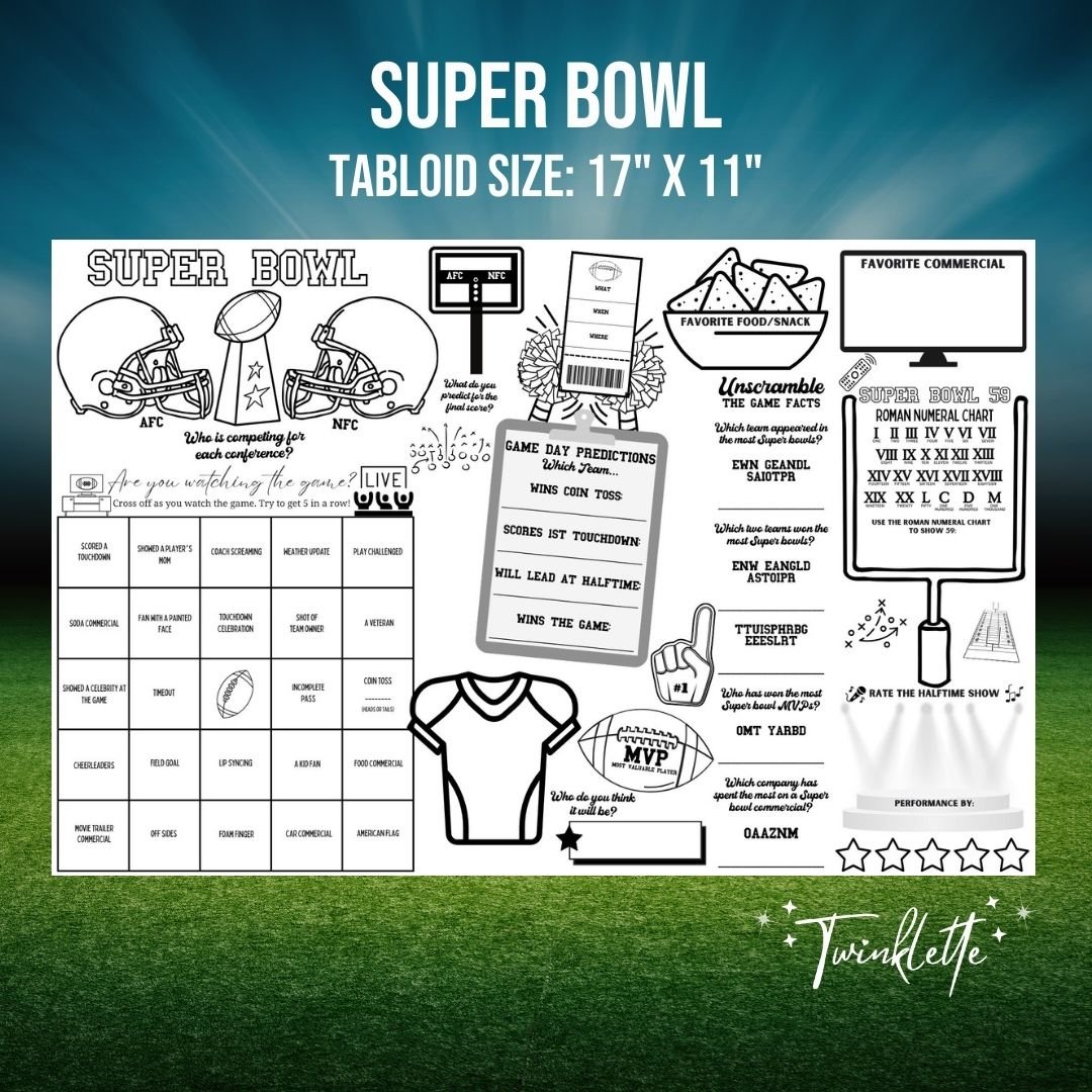 Super Bowl Activity Placemat, Interactive Games for Kids and Adults - Twinklette™