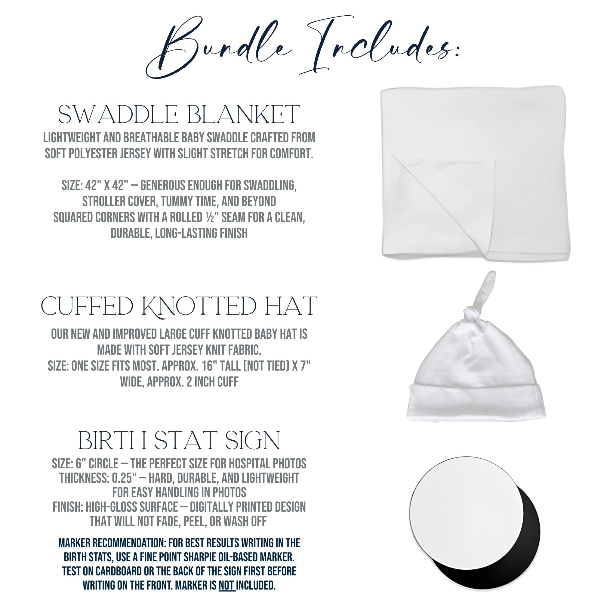 Personalized baby bundle includes swaddle blanket, cuffed knotted hat and birth stat sign, complete newborn gift set details and dimensions