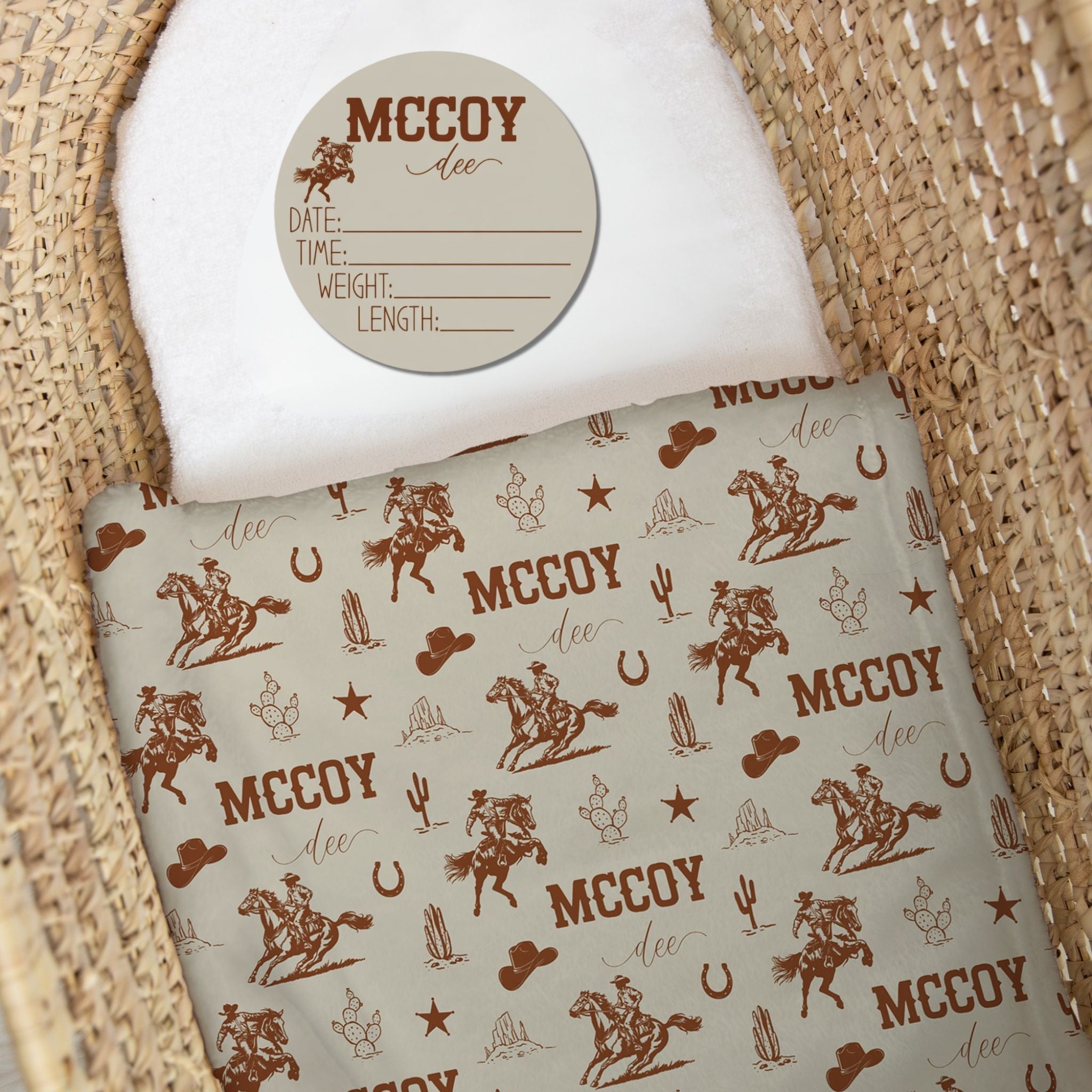 Personalized western baby swaddle bundle with birth stat sign and custom name, cowboy newborn gift set