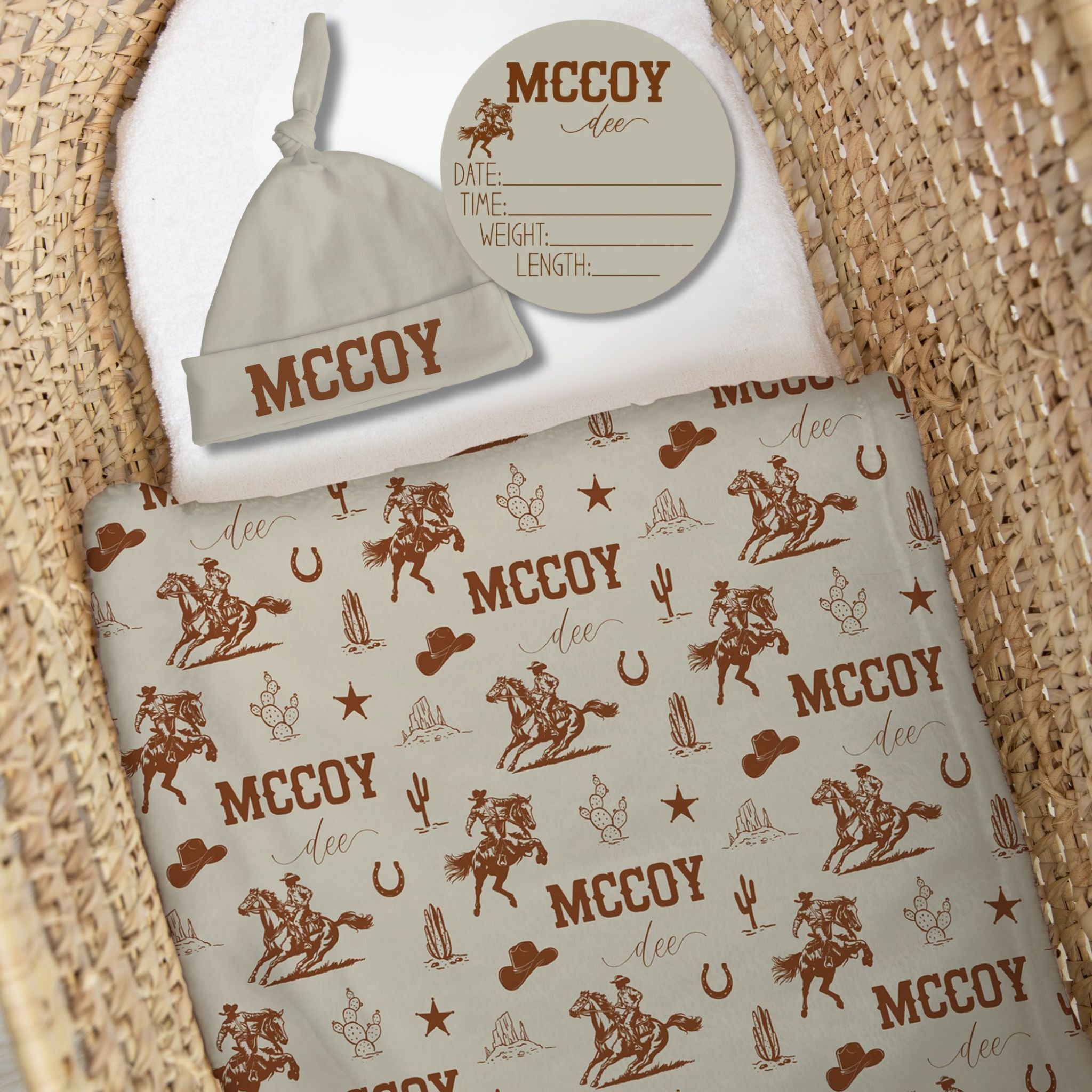 Personalized Western Baby Bundle with custom name swaddle, knotted hat and birth stat sign