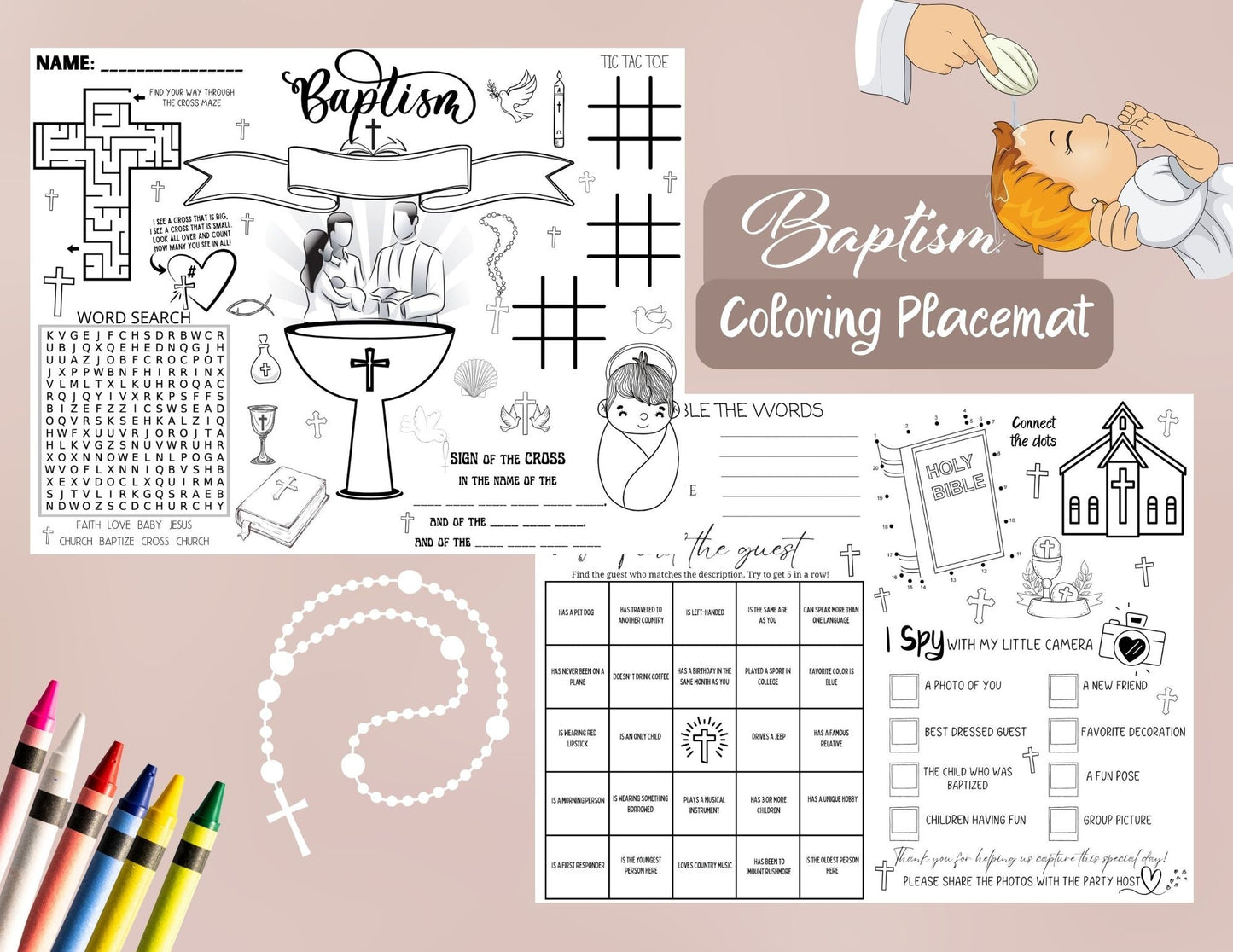Baptism Activity Coloring Placemat - Games for Kids and Adults - Bingo, Crossword Puzzle, and so much more! - Twinklette