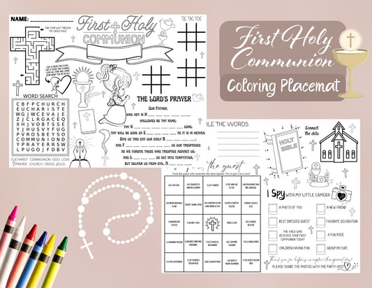 First Holy Communion Coloring Placemat - Fun Activities for All Ages - 2-Sided Design Includes Word Search, Tic-Tac-Toe, and More! - Twinklette