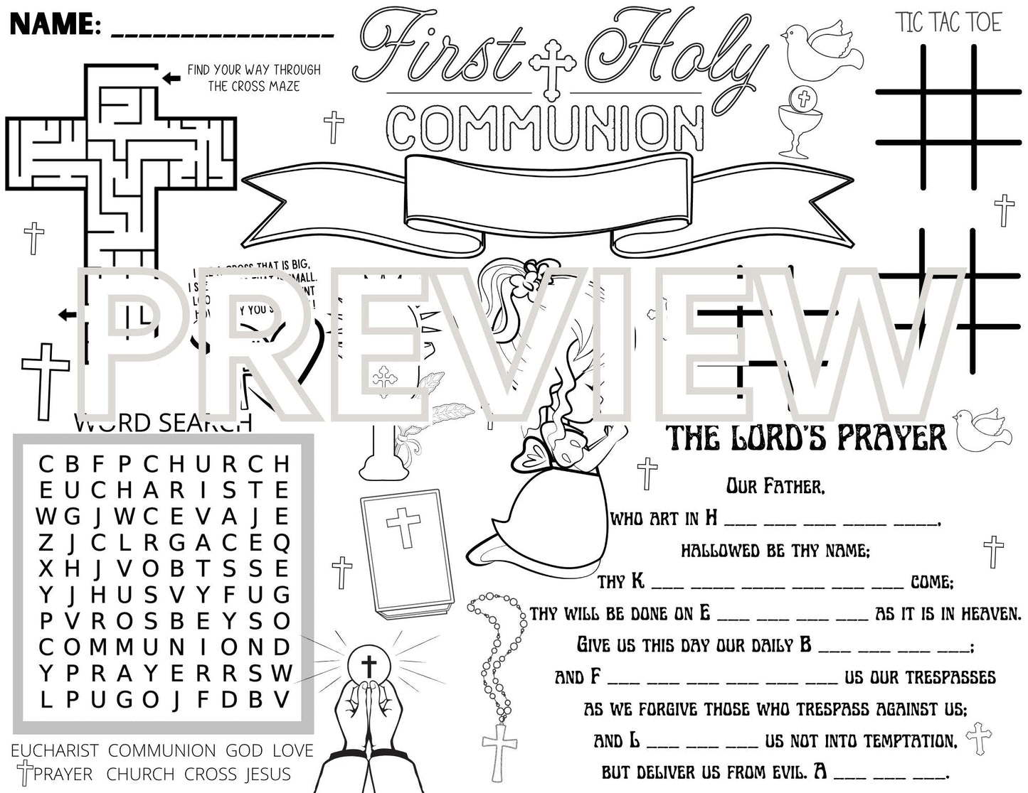 First Holy Communion Coloring Placemat - Fun Activities for All Ages - 2-Sided Design Includes Word Search, Tic-Tac-Toe, and More! - Twinklette