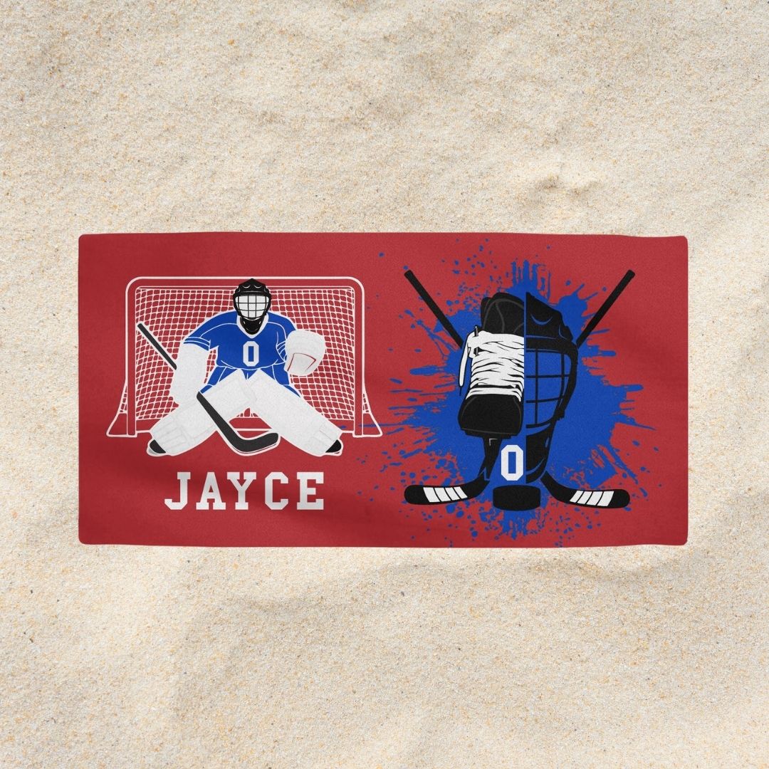 Hockey Goalie Beach Towel - Personalized with Name, Number, and Team Colors - Perfect Gift for Hockey Players - Twinklette