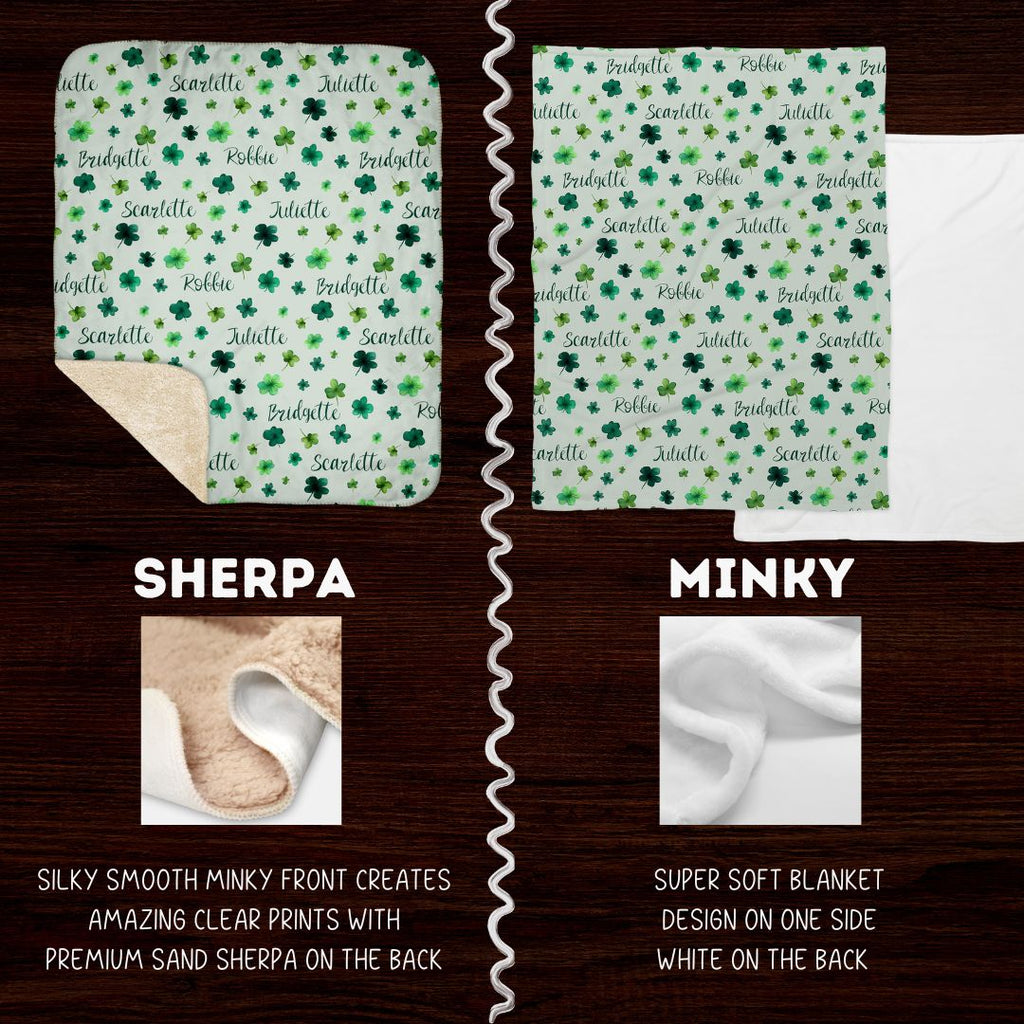 Lucky Clovers: Personalized St. Patrick's Day Irish Blanket with Family Name or Member Names - Cozy Minky & Snuggly Sherpa Options - Twinklette