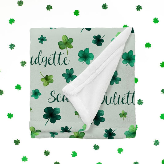Lucky Clovers: Personalized St. Patrick's Day Irish Blanket with Family Name or Member Names - Cozy Minky & Snuggly Sherpa Options - Twinklette