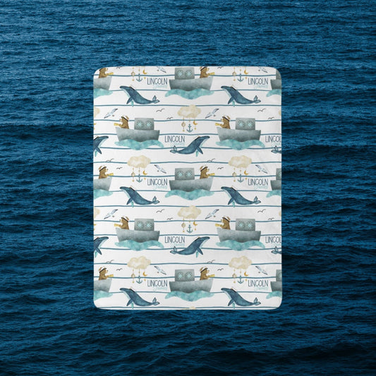 Nautical Baby Blanket - Personalized Name Blanket - Cute Whale, Boat, & Teddy Bear Design - Twinklette