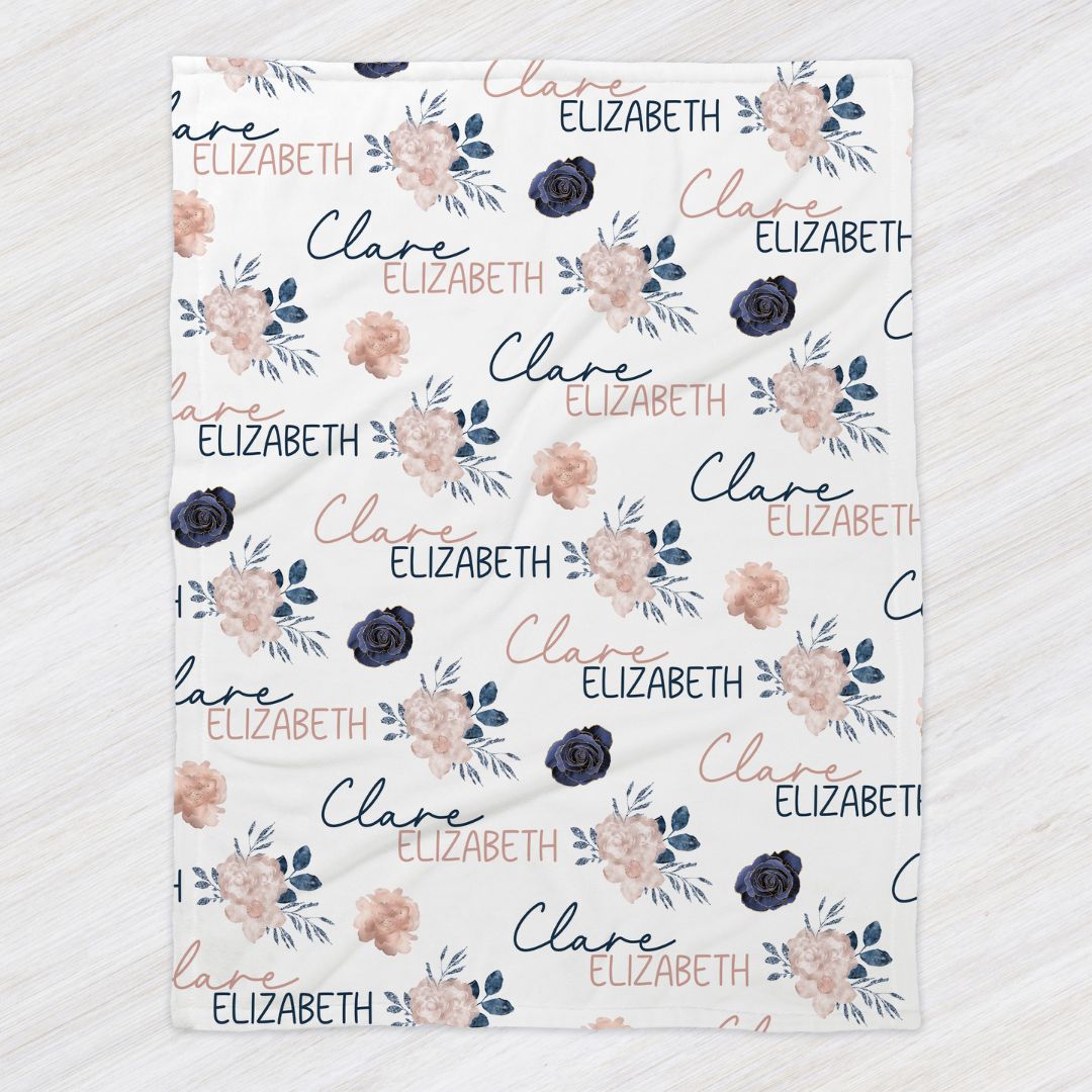 Navy Blush Floral Personalized Minky Blanket - Twinklette