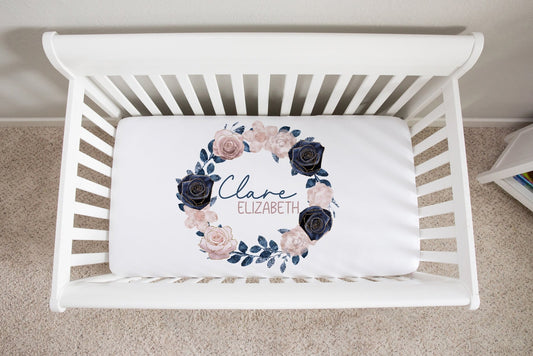 Navy Blush Floral PERSONALIZED Minky Crib Sheet - Twinklette
