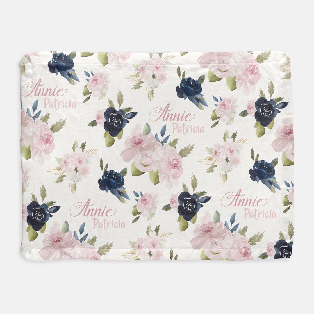 Navy Pink Floral Satin Trim Minky Blanket - Twinklette