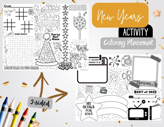 New Year's Eve Coloring & Activity Placemat: 2-Sided Digital Download for Endless Fun! - Twinklette