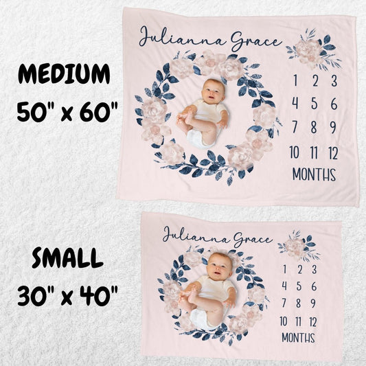 Pink Navy Floral Milestone Blanket - Twinklette