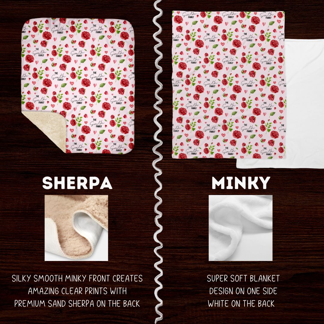 Red Roses Personalized Valentine Blanket for One or the Whole Family - Choose Minky or Sherpa, add your Names for a Special Touch - Twinklette