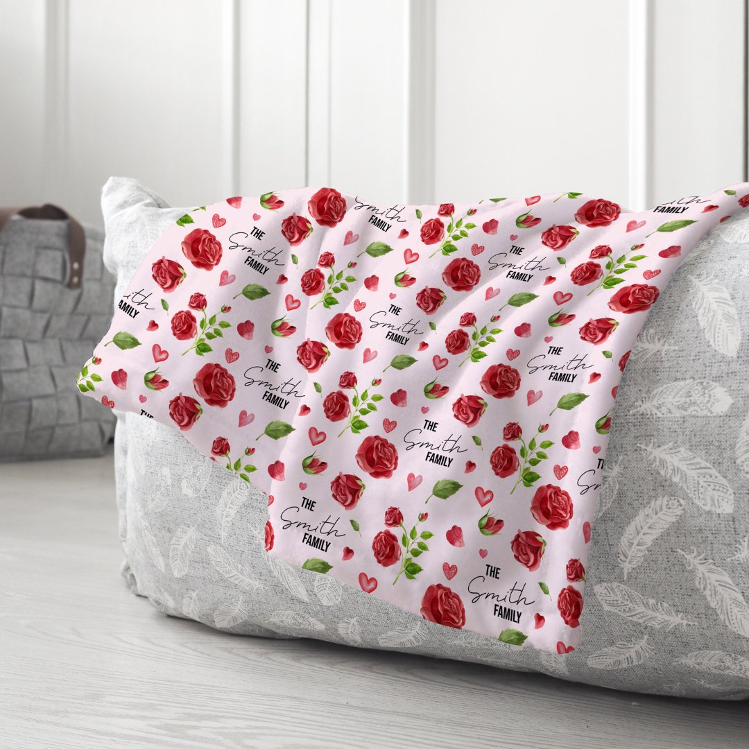 Red Roses Personalized Valentine Blanket for One or the Whole Family - Choose Minky or Sherpa, add your Names for a Special Touch - Twinklette