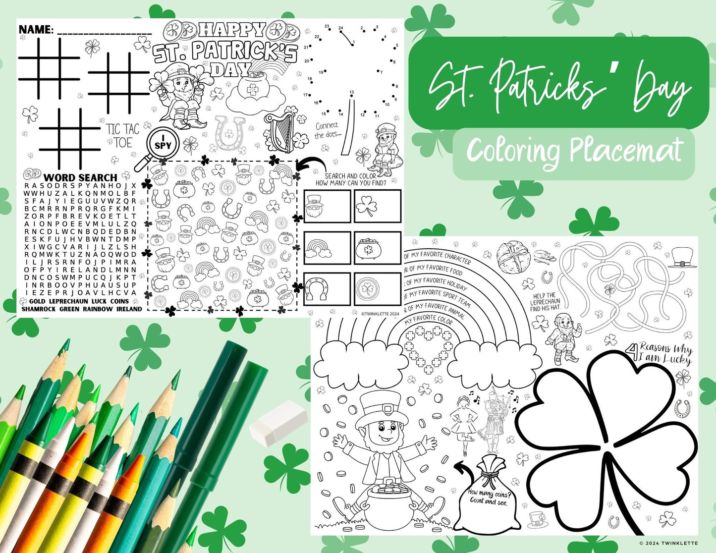 St. Patrick's Day Coloring Placemat with Word Search: 4 Reasons Why I'm Lucky + Bonus Activities - Twinklette