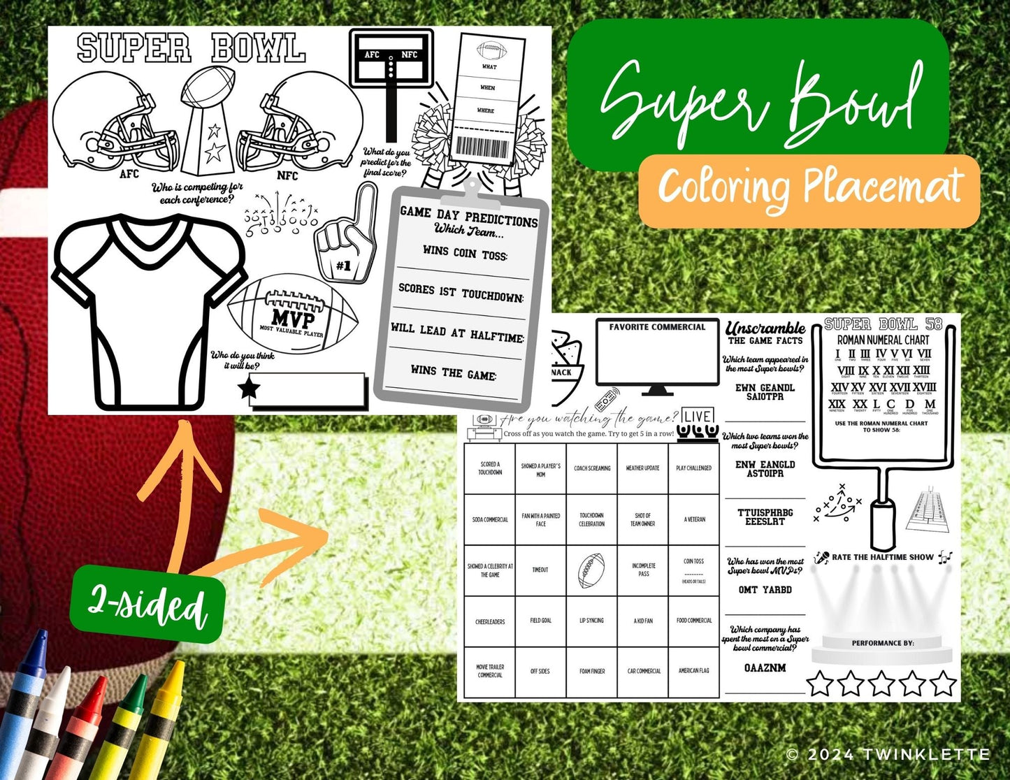 Super Bowl Activity Placemat: Engaging Football Fun for Kids and Adults - Predictions, Game Facts, Bingo and More! - Twinklette