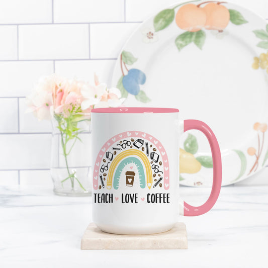 Teach Love Coffee Mug Deluxe 15oz. (Pink + White) - Twinklette