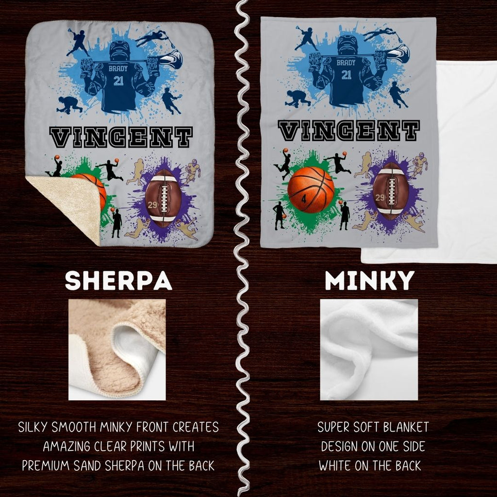 Three Sport Blanket - Custom Team Colors, Number, and Name - Lacrosse, Football, Baseball, Soccer, Hockey, Volleyball, or Basketball - Twinklette