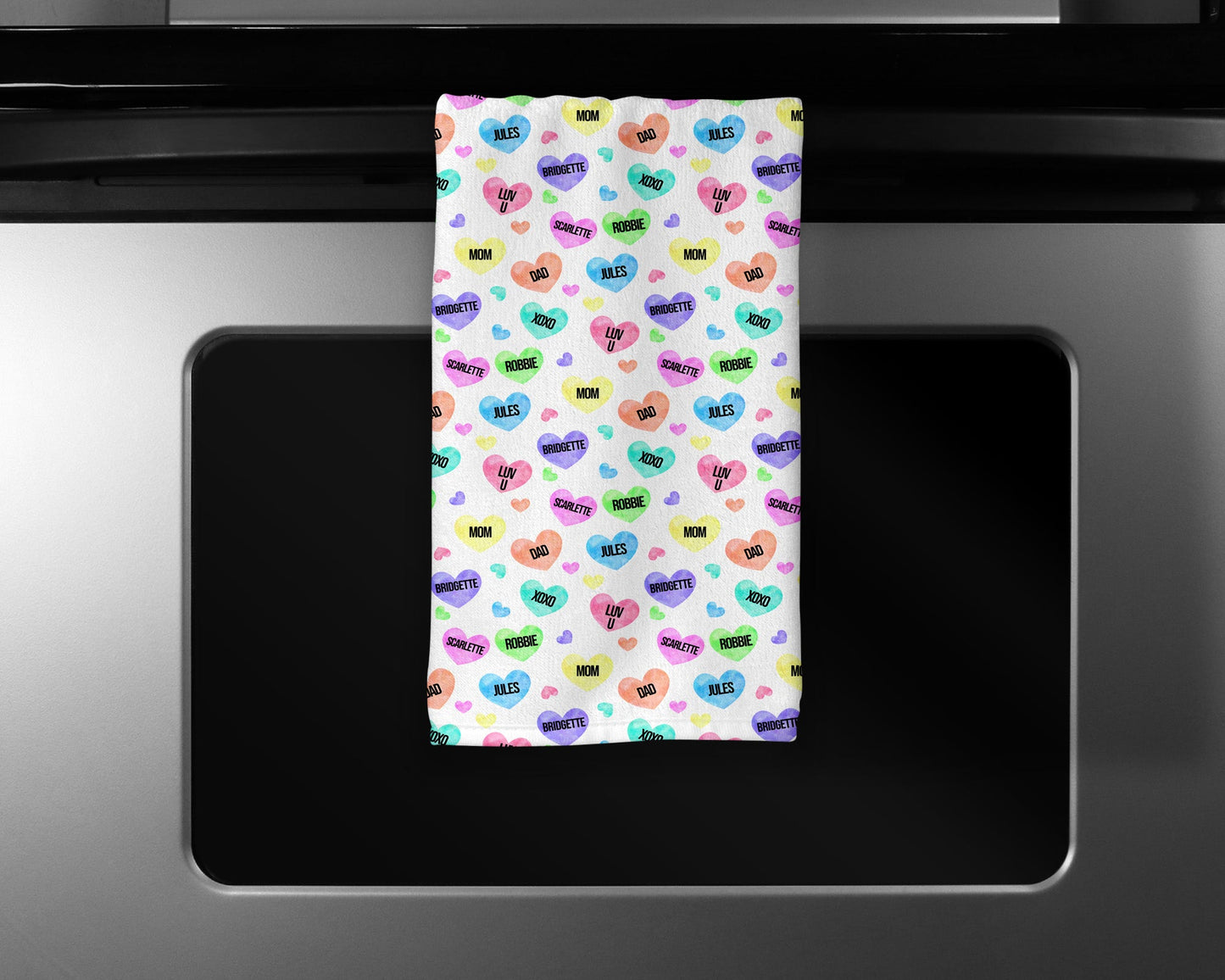 Valentine Repeated Hearts Hand Towel - Customizable Kitchen or Bath Decor - Soft Luxe Fabric - Personalize with up to 8 Names or Phrases - 15' x 25' - Twinklette