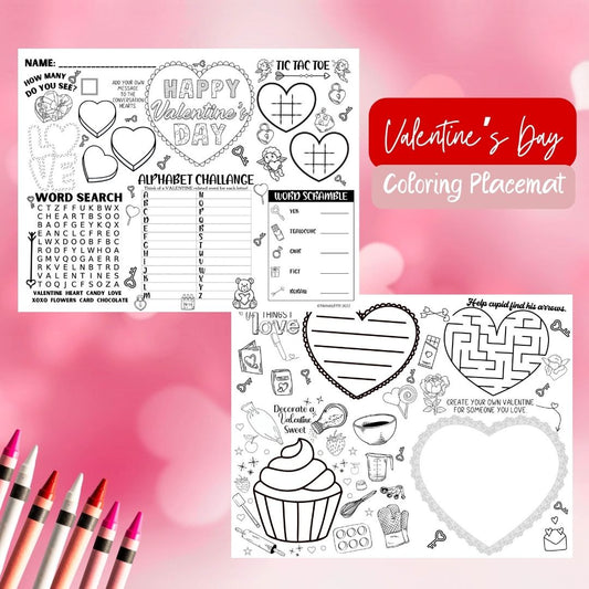 Valentine's Day Printable Coloring Placemat - Fun-filled entertainment with Word Search, Maze, and More! - Twinklette