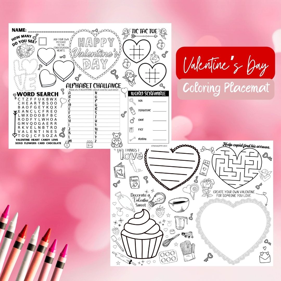 Valentine's Day Printable Coloring Placemat - Fun-filled entertainment with Word Search, Maze, and More! - Twinklette