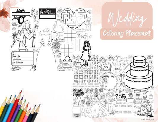 Wedding Day Coloring Placemat for Kids and Adults - Keep guests entertained for hours at your wedding, rehearsal dinner, and bridal shower! - Twinklette