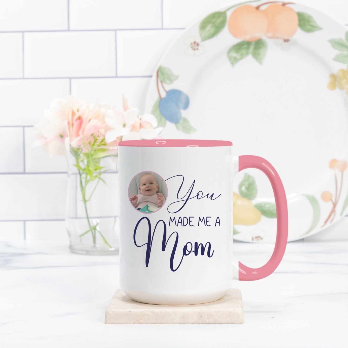 You Made Me a Mom Mug Deluxe 15oz. (Pink + White) - Twinklette