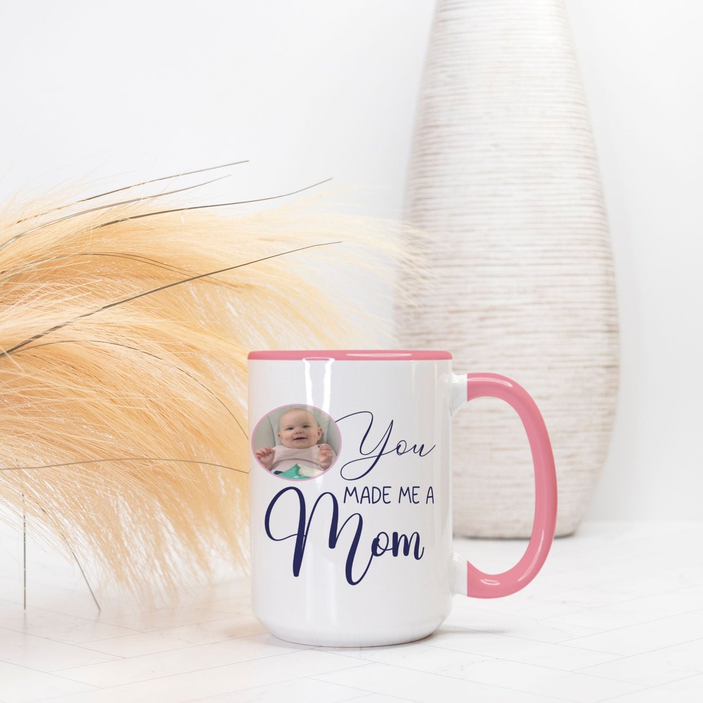 You Made Me a Mom Mug Deluxe 15oz. (Pink + White) - Twinklette